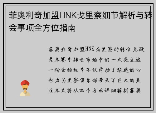 菲奥利奇加盟HNK戈里察细节解析与转会事项全方位指南