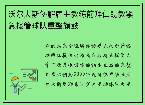 沃尔夫斯堡解雇主教练前拜仁助教紧急接管球队重整旗鼓